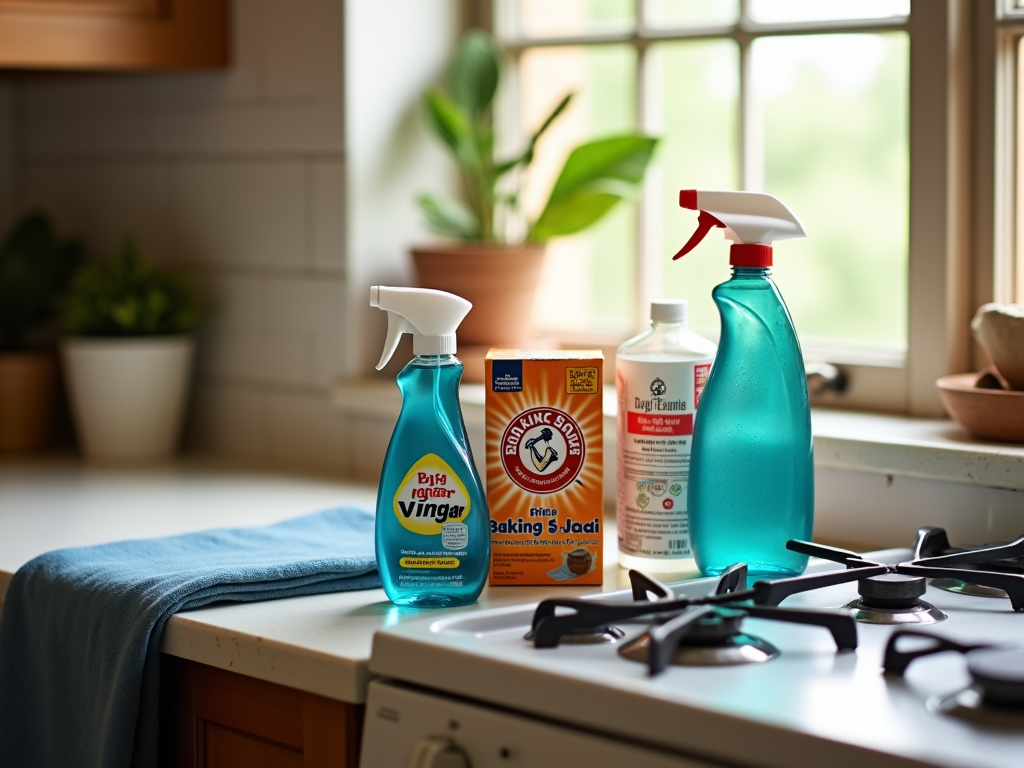 Cleaning supplies, including vinegar and baking soda, on a kitchen counter near a window.