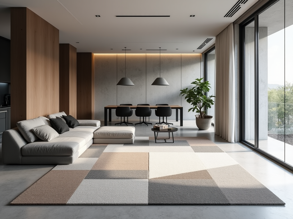 Modern living room with wooden panels, a large sofa, geometric rug, and pendant lights.