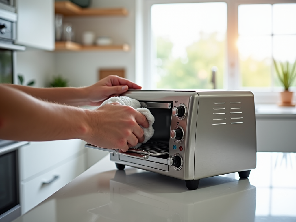 Person using a cloth to remove hot bread from a toaster oven in a sunny kitchen.